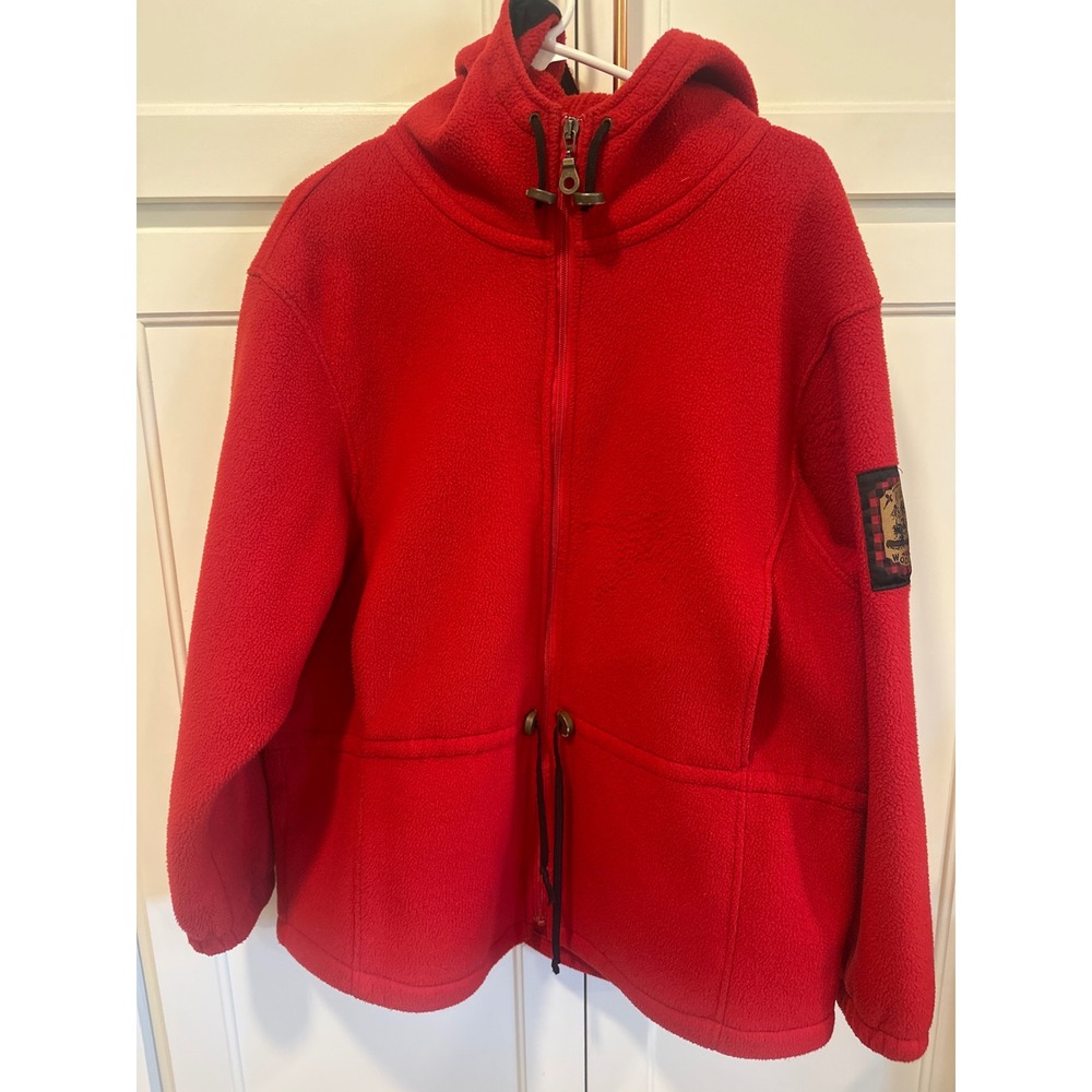 Woolrich Red Fleece Jacket Hooded Full Zip Made in USA Outdoor Patch Womens XL